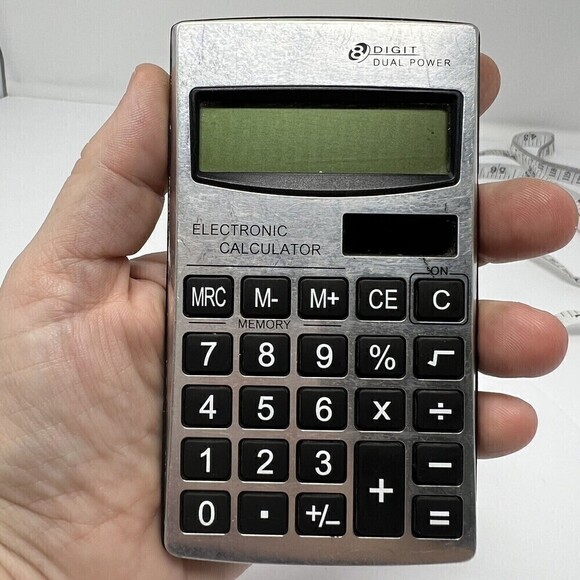 Pocket Calculator 8 Digit Electronic Solar/ Battery, silver+black abt. 4 x 2 1/2 - Picture 1 of 11